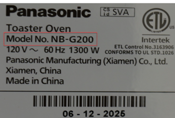 Diagram showing where to find the model number and serial number on the bottom label of the Panasonic NB-G200 toaster oven