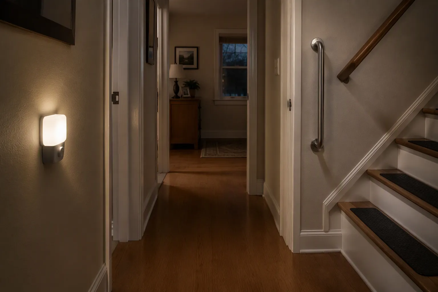 Prepared hallway with motion-sensor lighting, clear walking path, grab bar, and non-slip stair treads