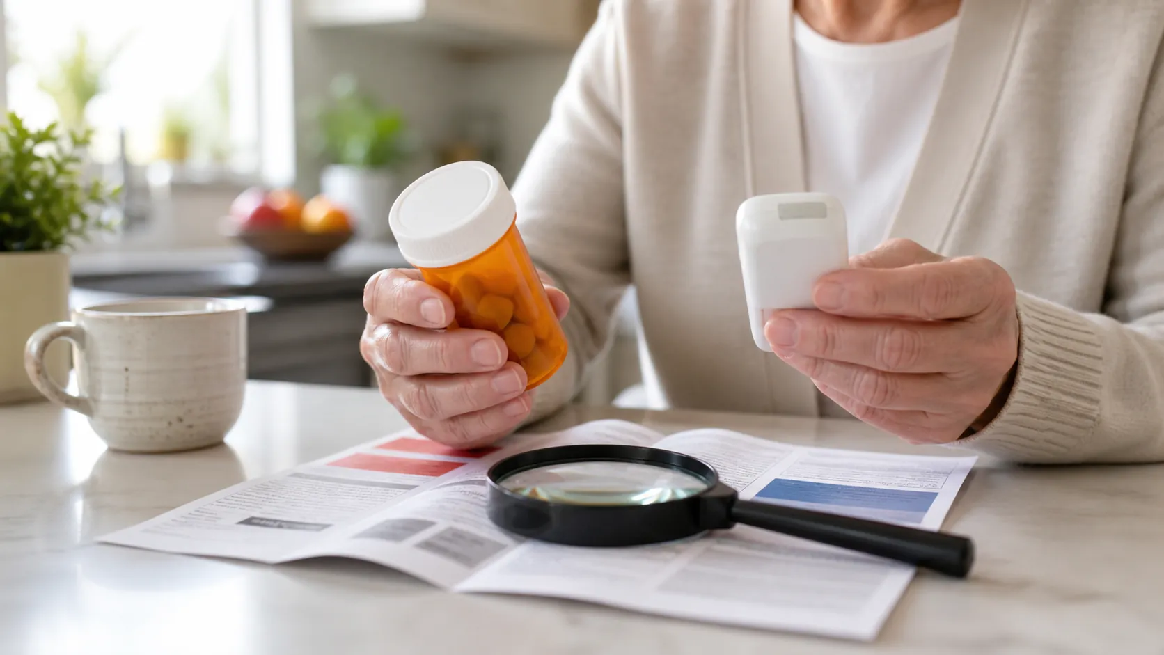 Caregiver hands comparing a prescription bottle and a household device against a printed recall notice