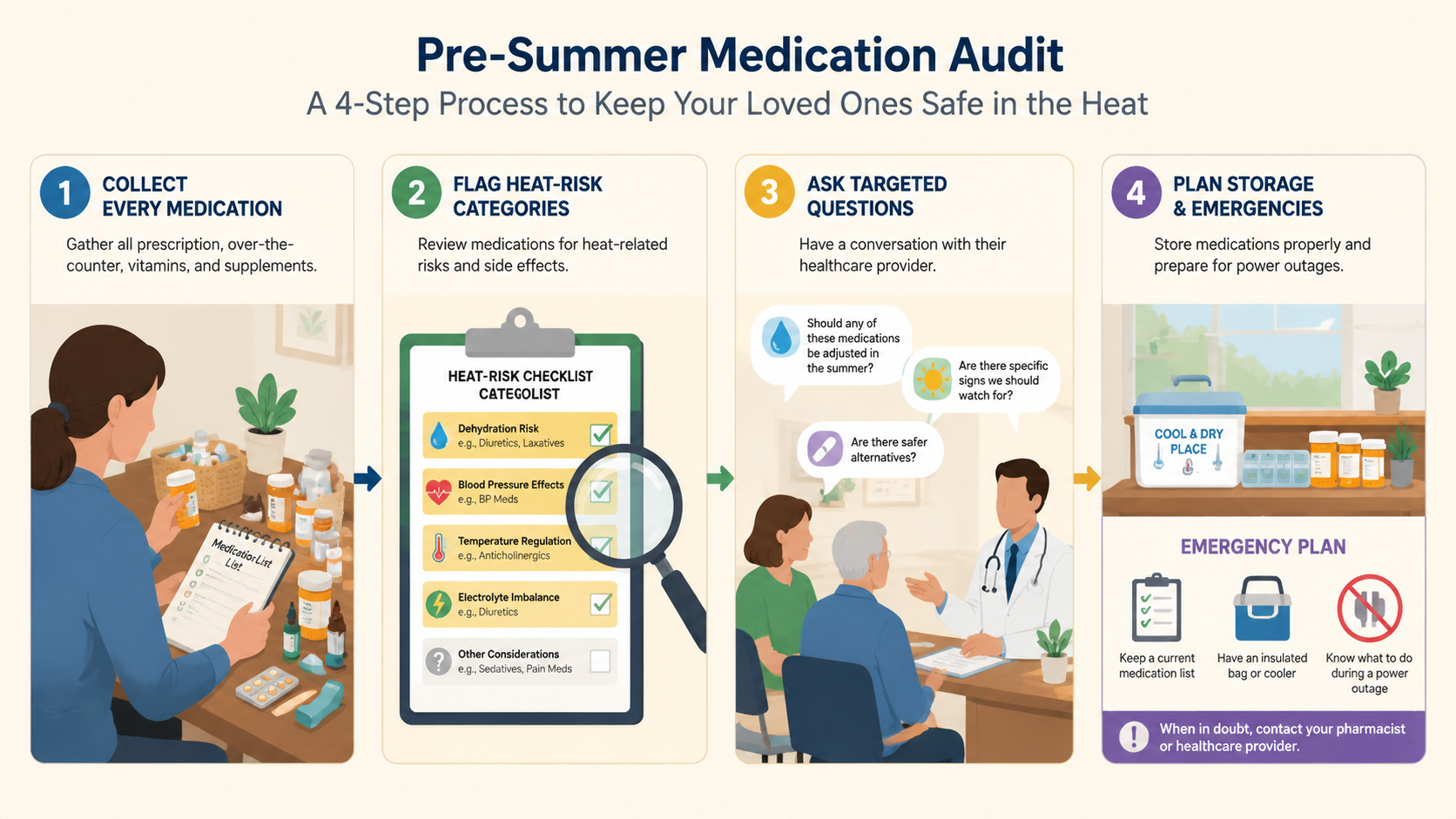 Caregiver workflow for collecting medications, reviewing risks, consulting a doctor, and planning medication storage during outages