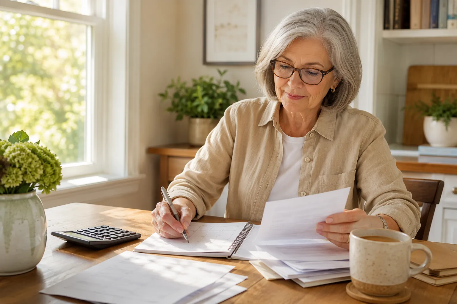 A woman at a kitchen table reviewing retirement tax papers, a calendar, and a calculator