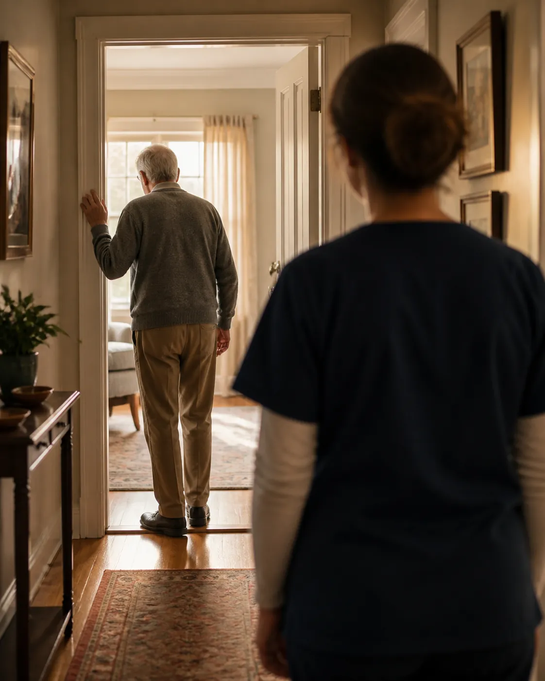 Older man hesitating at a home doorway threshold with one hand on the door frame