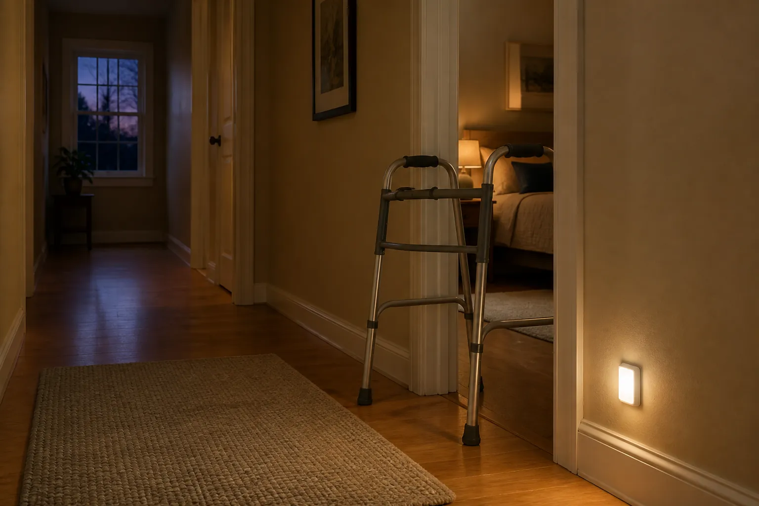 Uncluttered hallway with a night light and walker placed within reach outside a bedroom