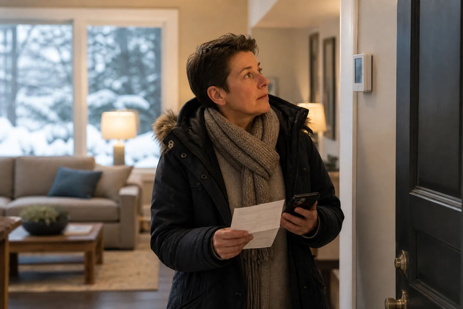 Adult child caregiver checking a thermostat with a winter checklist in hand
