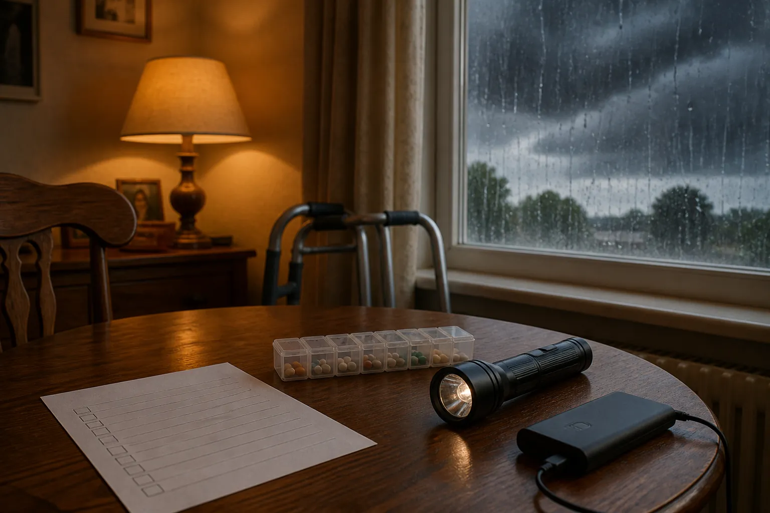 Printed storm checklist, pill organizer, flashlight, power bank, and walker in an older adult's home during rainy weather