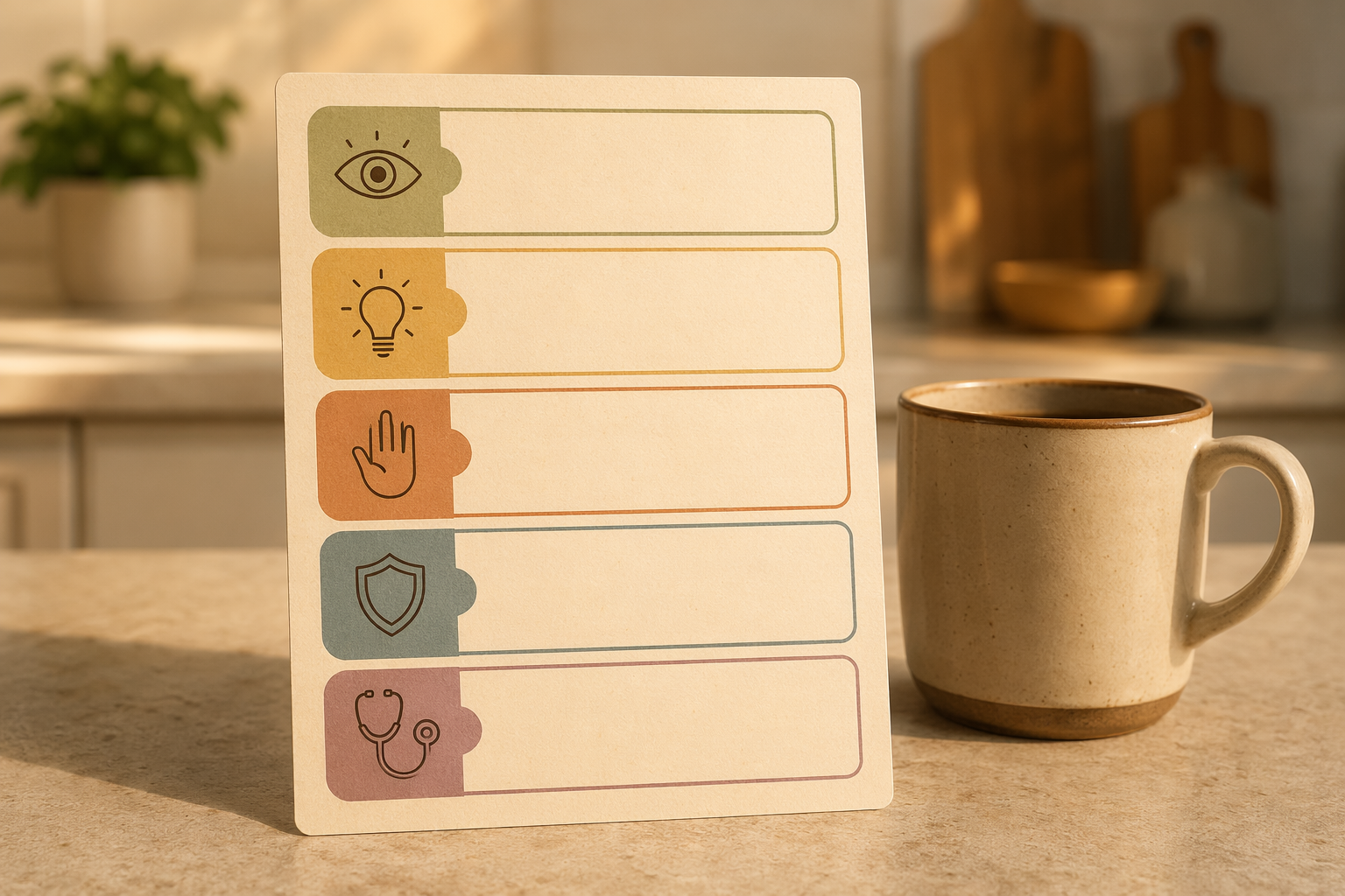 A single dementia behavior quick-reference card on a kitchen counter next to a coffee mug. The card shows five sections with simple icons: eye for Recognize, lightbulb for Understand, hand for Act, shield for Prevent, stethoscope for When to Call the Doctor.