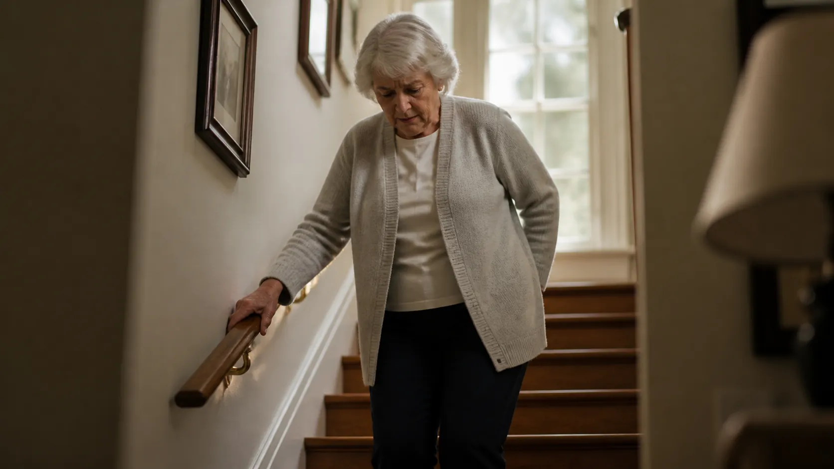 Older adult standing partway down a wooden staircase at home with one hand on the handrail