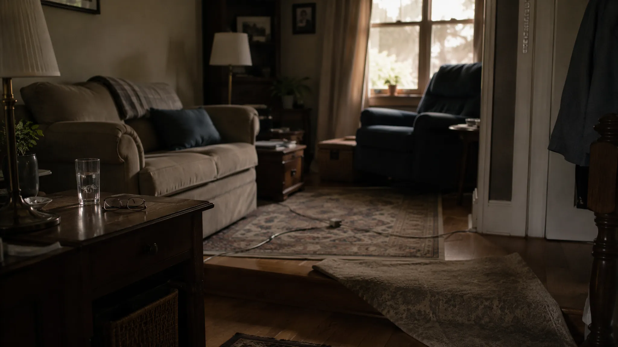 Living room with fall hazards including a loose throw rug, cord across a walkway, dim lighting, and clutter near a step
