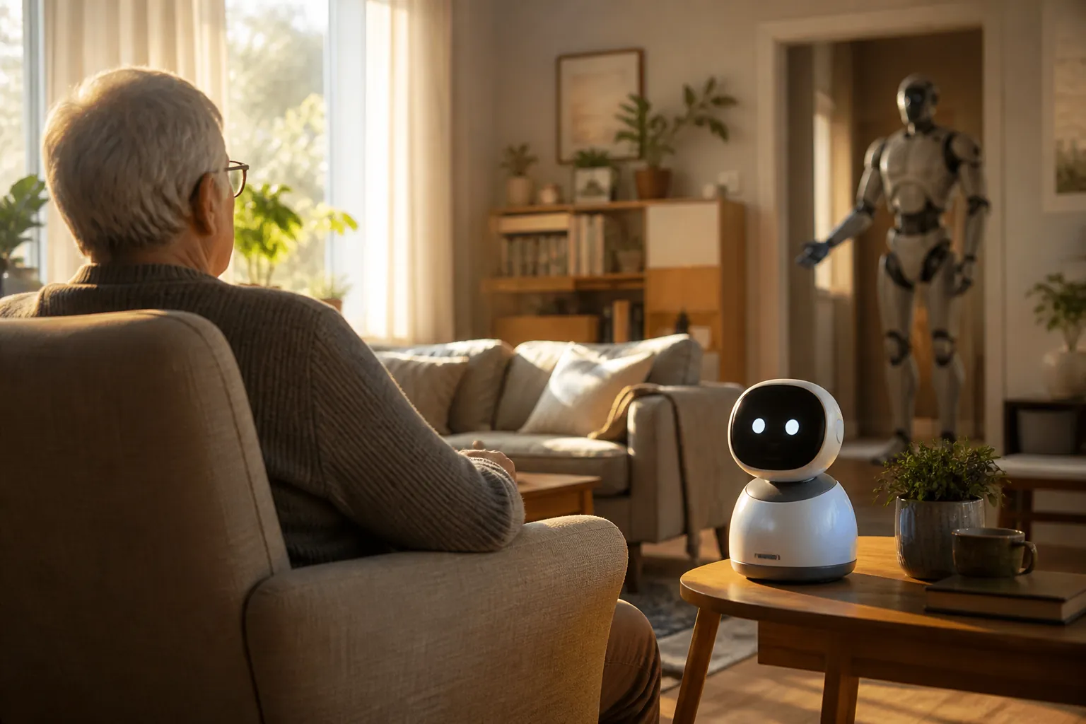 Older adult seated near a small companion robot while a larger humanoid robot stands blurred in the background