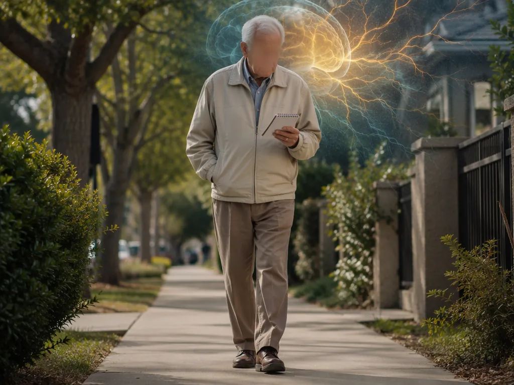 Older man walking on a quiet sidewalk while using a notepad for a word recall task