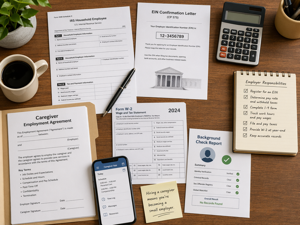 A flat lay of IRS tax forms, an EIN confirmation letter, a W-2 form, a caregiver contract, a background check report, a calculator, a notepad with a checklist, and a smartphone arranged on a wooden desk.