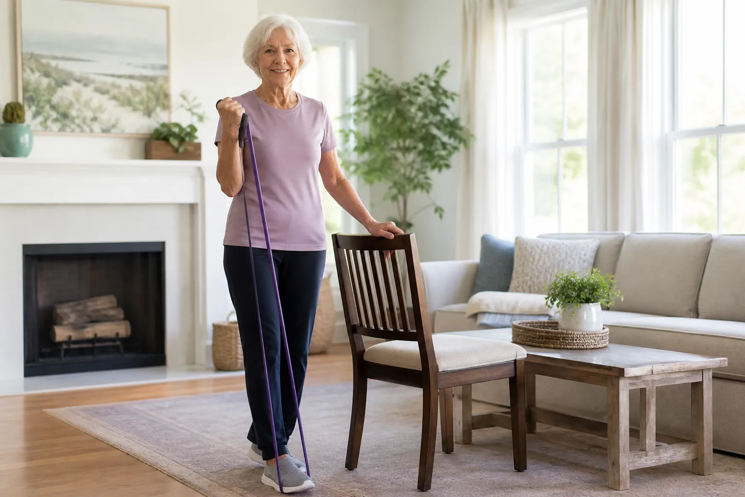 Older adult doing a balance and strength exercise beside a sturdy chair at home