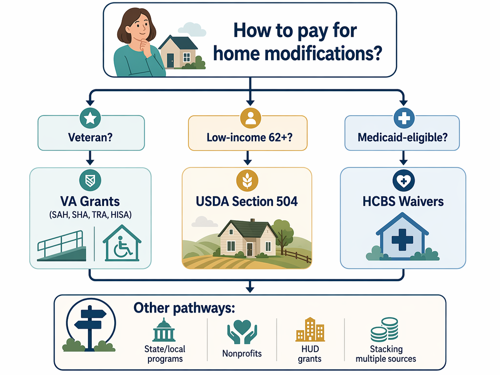 Decision-tree flow chart for home modification funding: start point 'How to pay for home modifications?' branches to three main paths: Veteran → VA Grants, Low-income 62+ → USDA Section 504, Medicaid-eligible → HCBS Waivers, with lower section for other programs like state/local, nonprofits, HUD, and stacking. Warm teal, navy, gold palette.