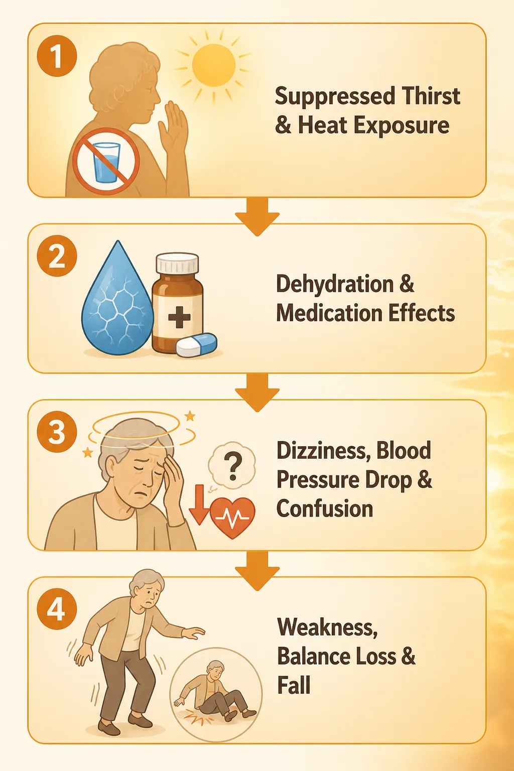 Cascade diagram showing suppressed thirst and heat exposure leading to dehydration, dizziness, confusion, weakness, balance loss, and fall
