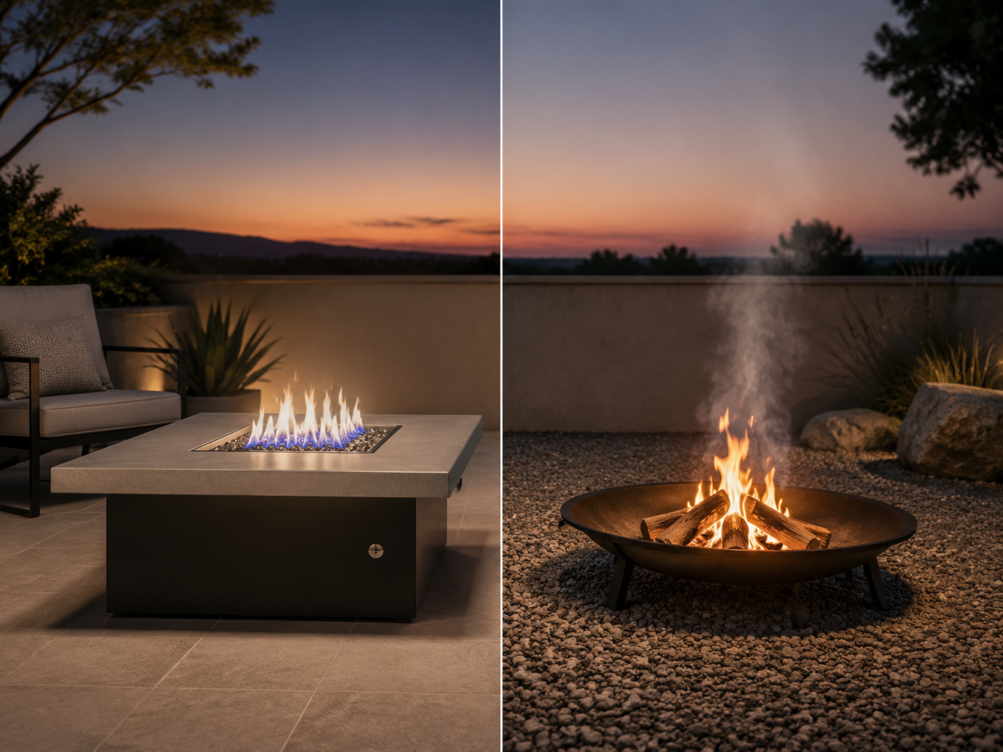 Comparison of a table-height propane fire pit and a lower wood-burning smokeless fire pit
