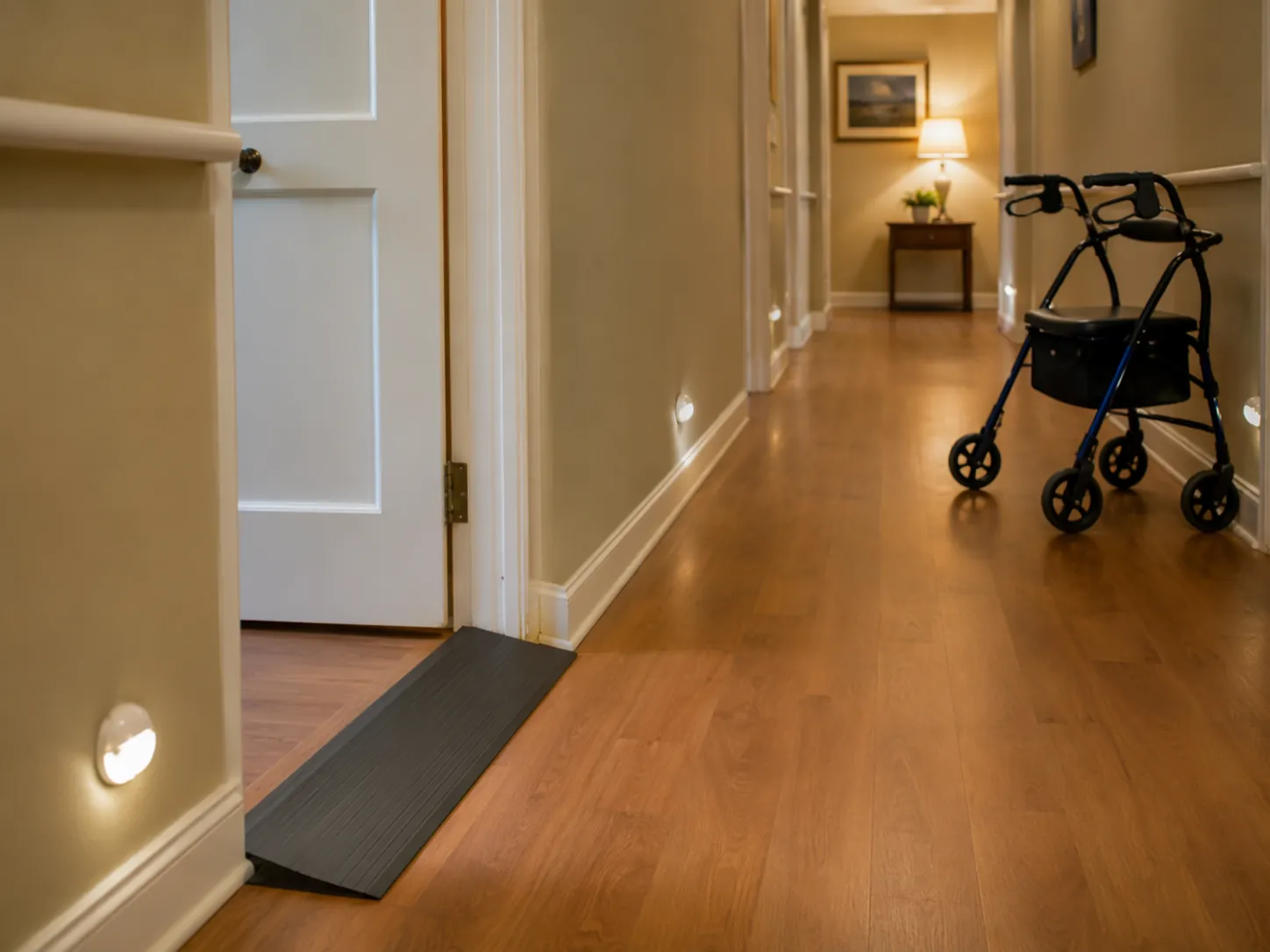 Clear hallway prepared for evacuation with no rugs, a beveled threshold ramp, night lights, and a walker nearby