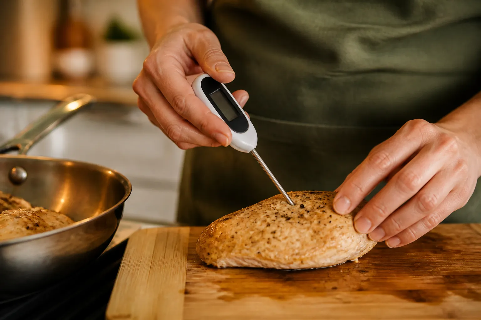 Caregiver checking cooked chicken with a digital instant-read food thermometer