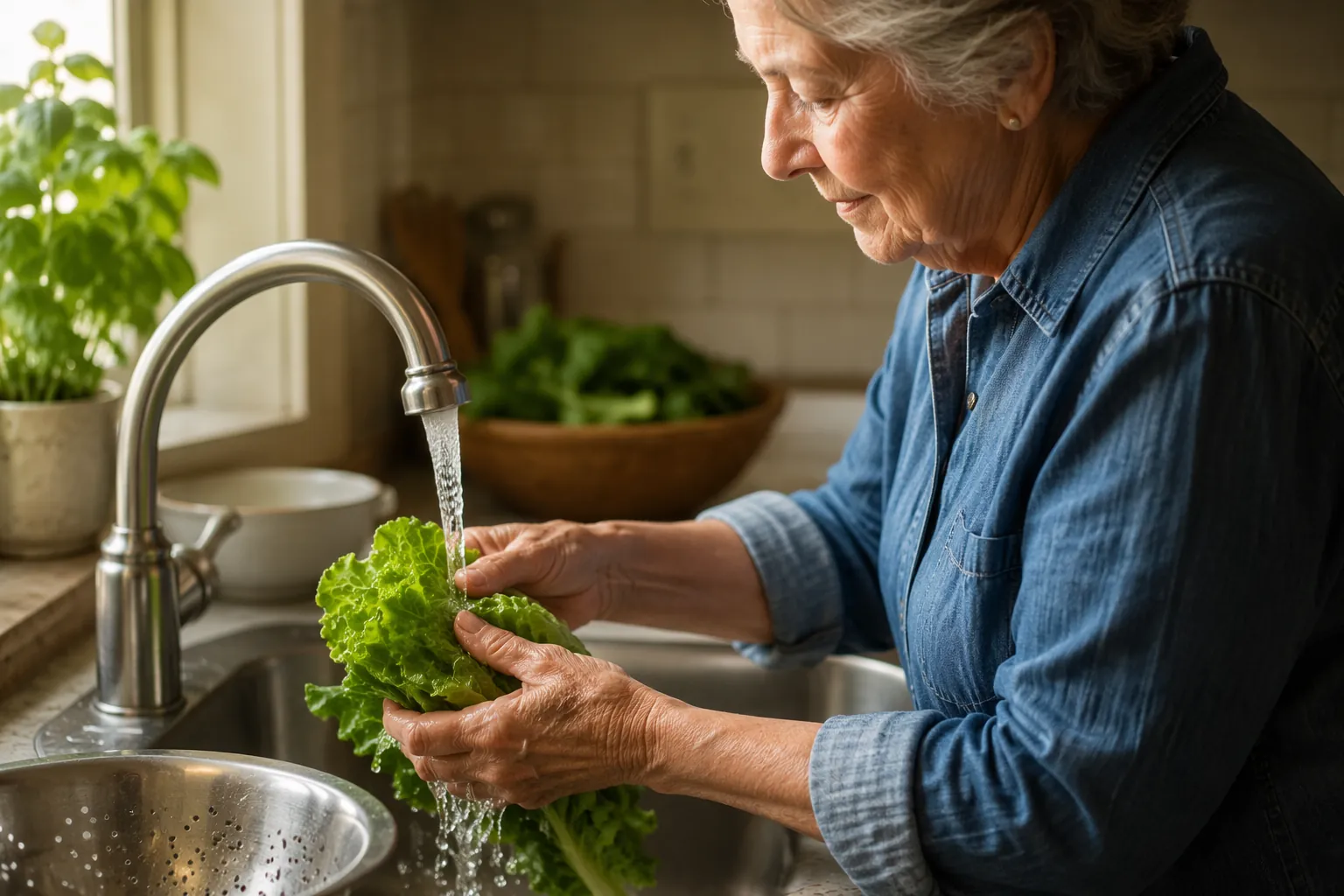 Older adult rinsing leafy green lettuce under running water at a kitchen sink