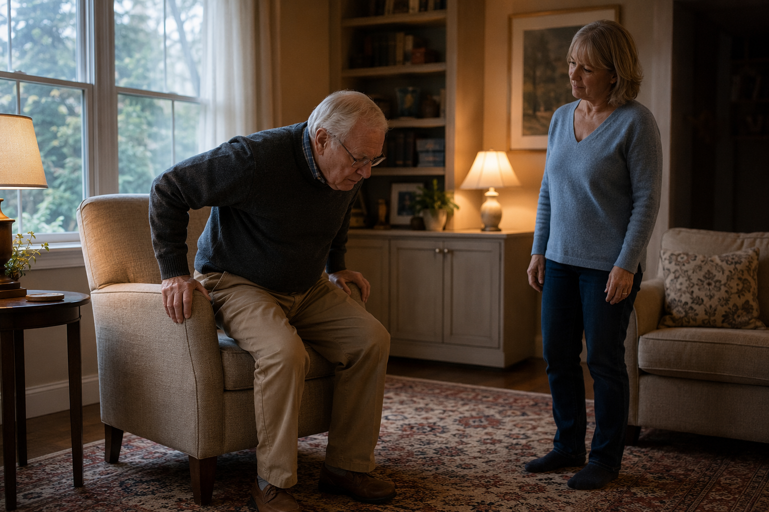 An older man standing up slowly from an armchair while a caregiver watches his steadiness