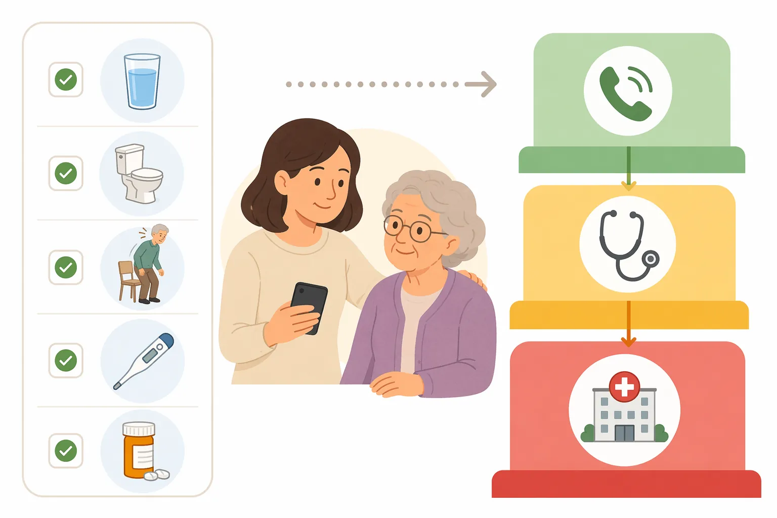 Illustrated caregiver checklist with hydration, bathroom, standing, fever, medication, and escalation icons