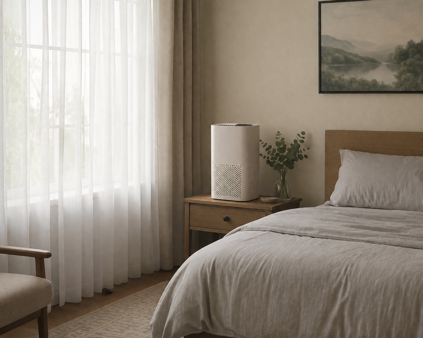 Calm senior bedroom with a white air purifier beside a neatly made bed and closed window