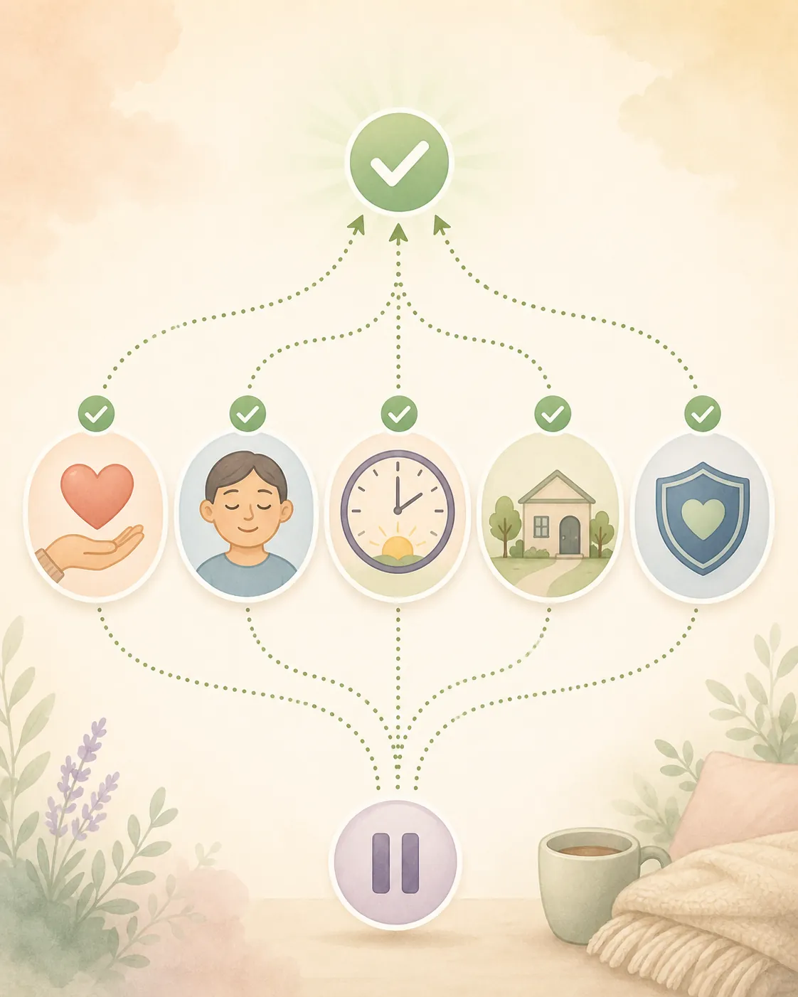 Five-factor dementia outing decision flow with caregiver readiness, person's state, timing, venue, and safety icons