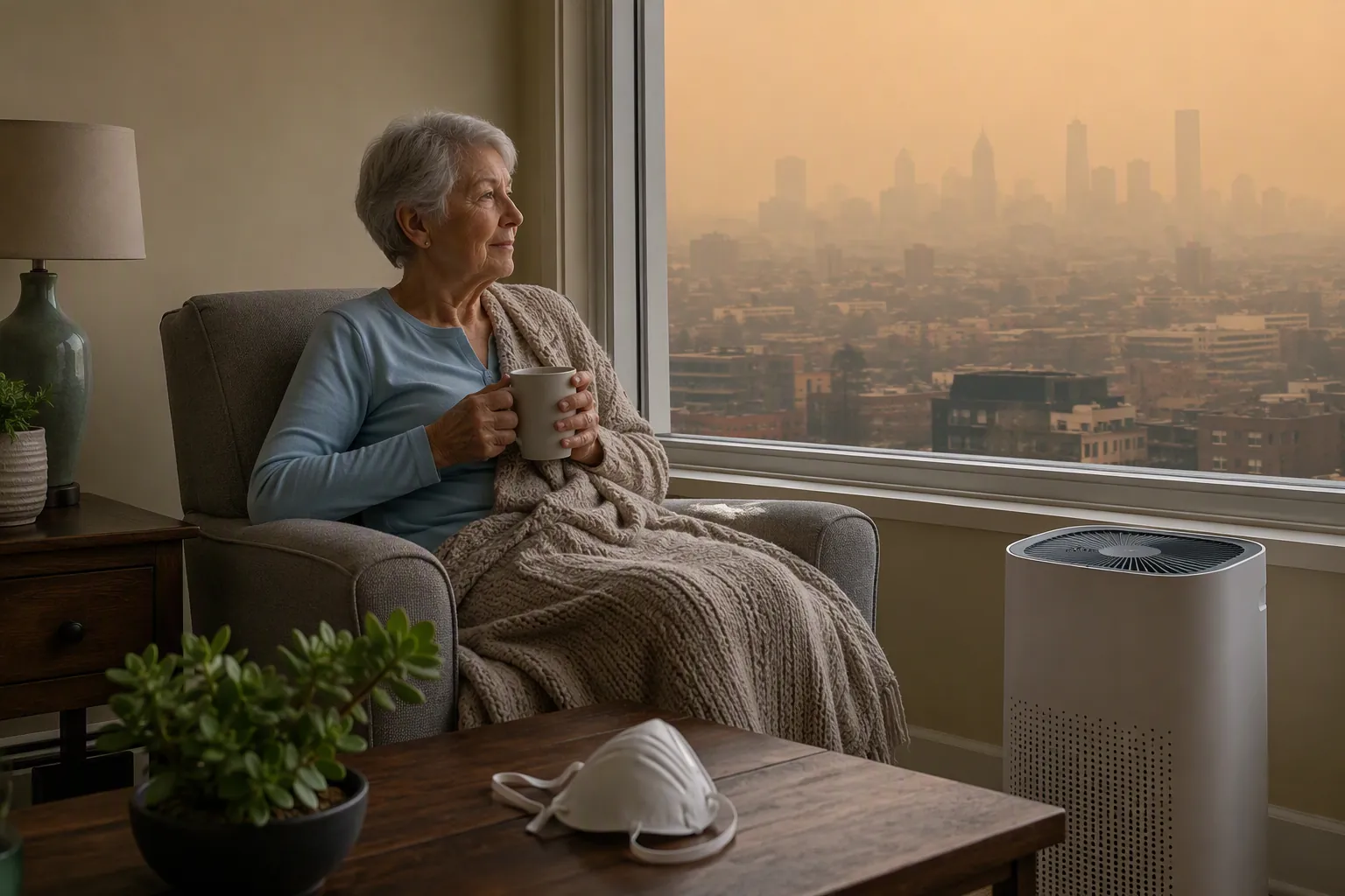Senior woman indoors with a portable air purifier and an N95 mask during smoky air conditions