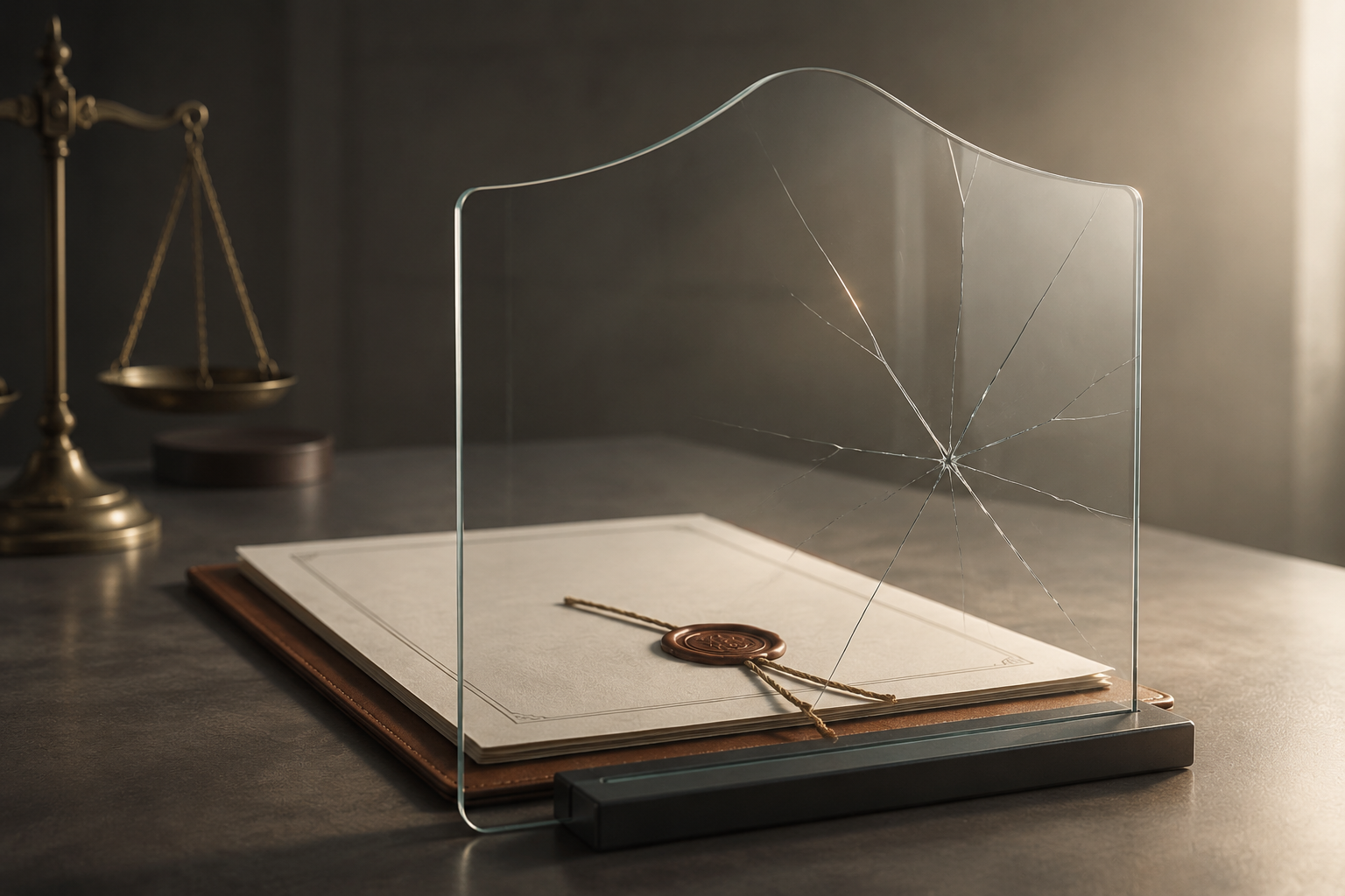 A trust document behind a cracked glass shield on a clean table