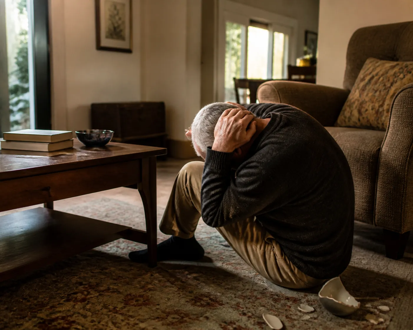 Older adult staying low and protecting head and neck in a living room during mild earthquake shaking