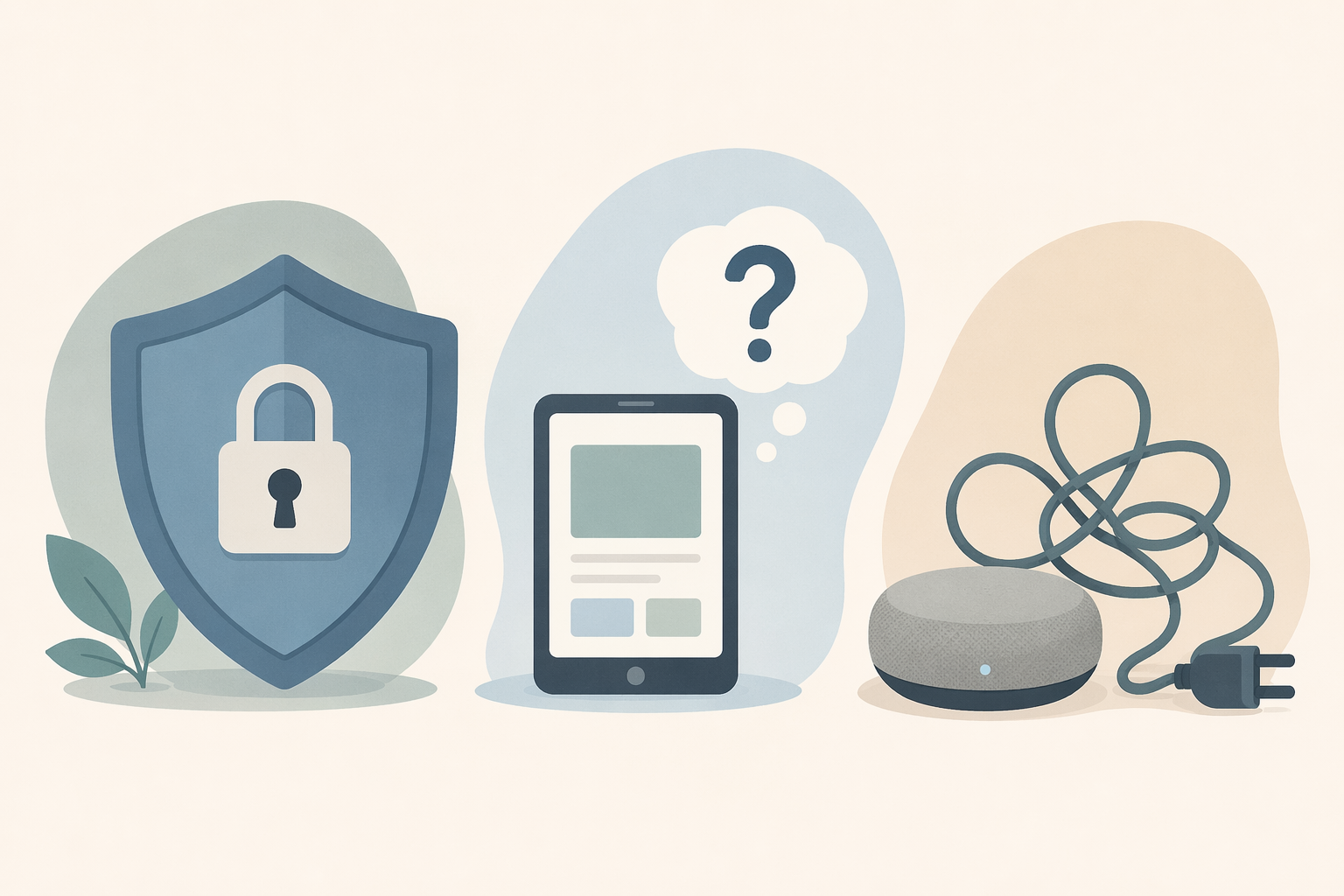 Three flat-style visual metaphors: a shield with a subtle lock icon, a question mark beside a simplified device screen, and a gently tangled cord near a small device.