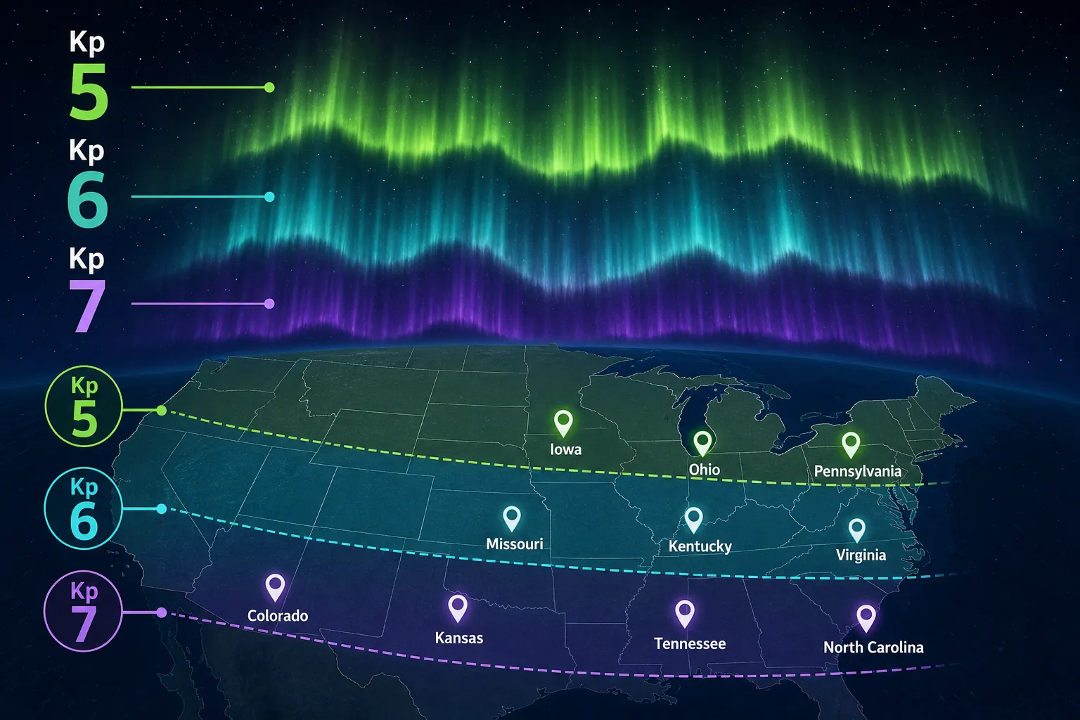 Map-style illustration of the northern United States with Kp 5, Kp 6, and Kp 7 aurora viewing bands