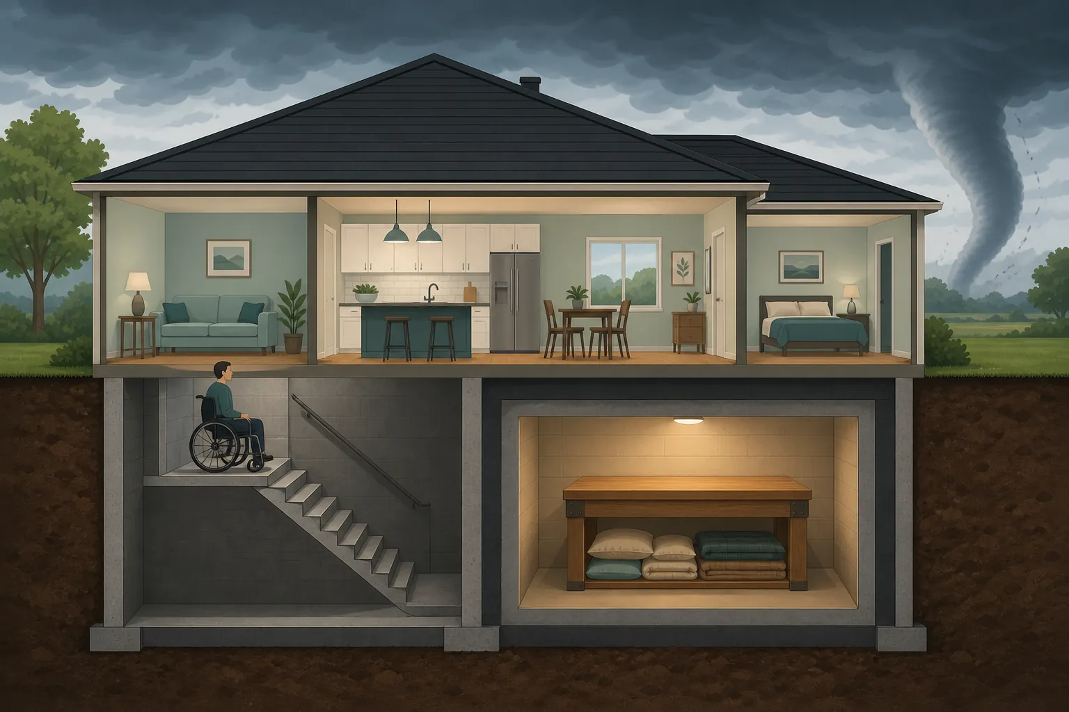 Illustration comparing an inaccessible basement stair route with a highlighted interior windowless room prepared for tornado sheltering