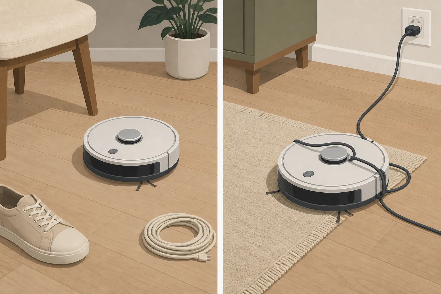 Comparison of one robot vacuum avoiding objects and another tangled in a power cord near a rug