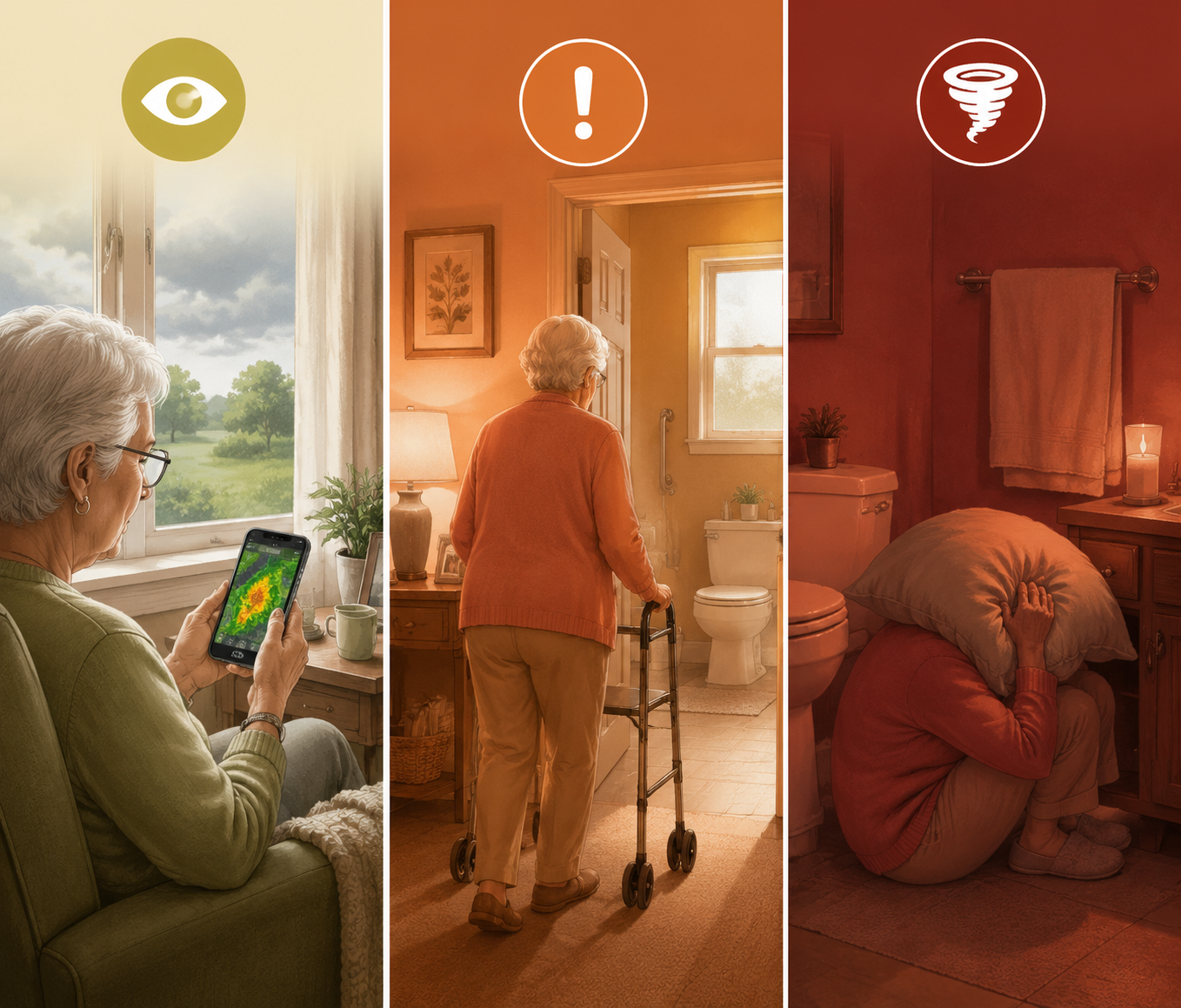 Three-panel illustration translating tornado watch, tornado warning, and tornado emergency into simple actions