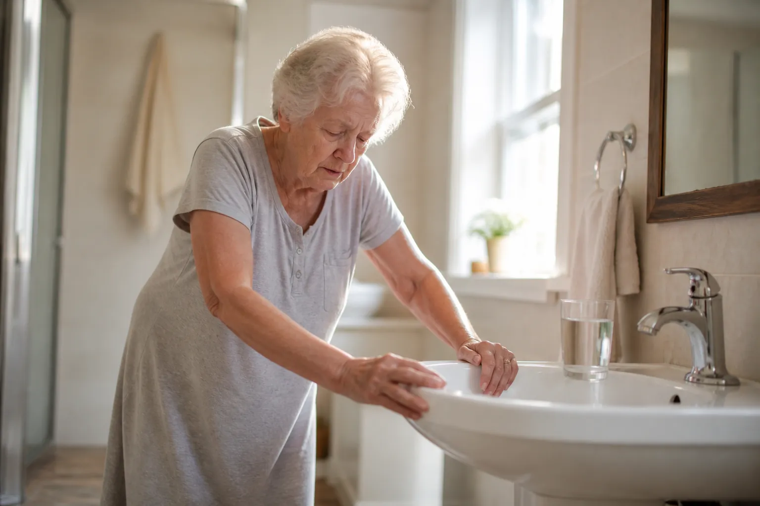Elderly woman steadying herself at a bathroom sink with a glass of water nearby