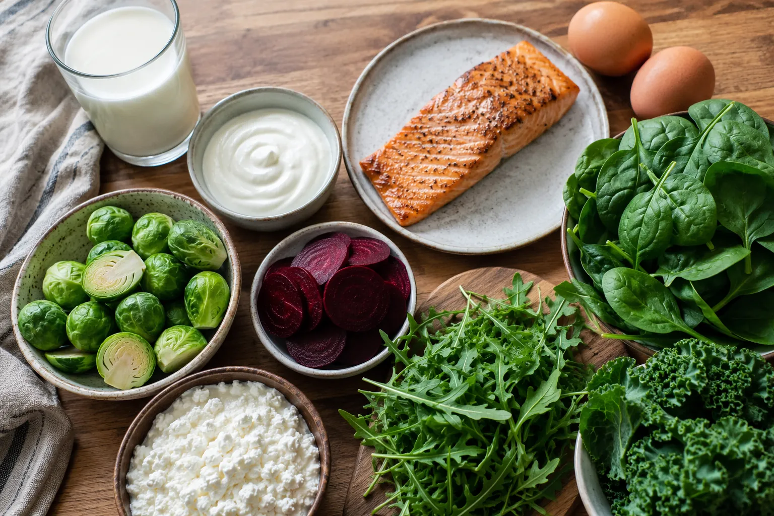 A practical meal prep counter with milk, Greek yogurt, salmon, eggs, spinach, kale, Brussels sprouts, beetroot, arugula, and cottage cheese