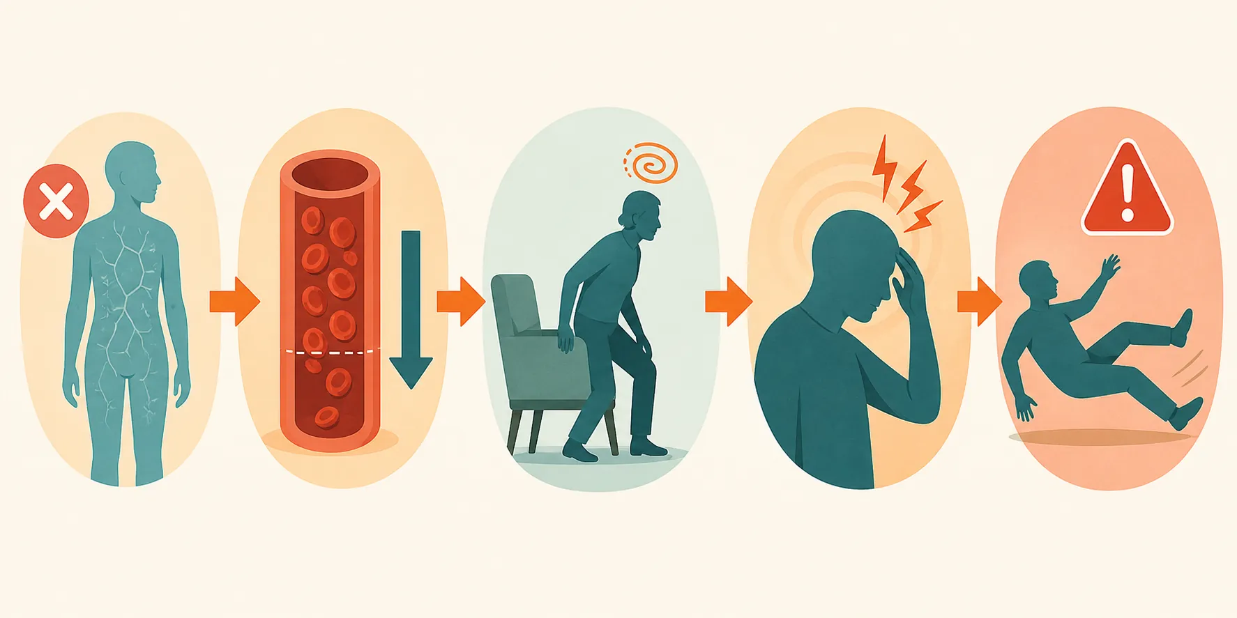 Illustration of the dehydration to low blood volume to dizziness to fall pathway