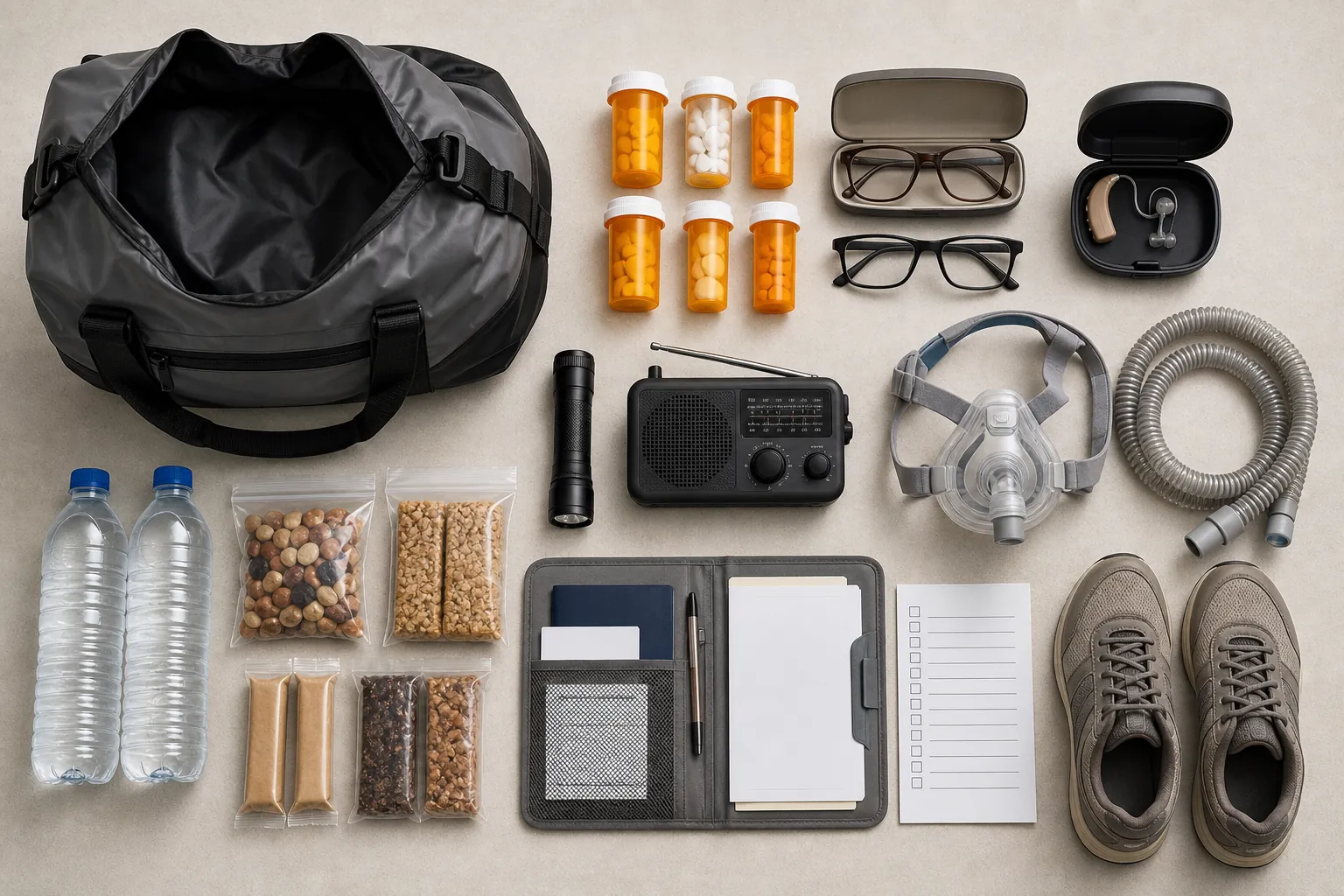 Overhead view of a senior-specific go-bag with medications, eyeglasses, hearing aid case, CPAP mask and hose, flashlight, battery radio, water, snacks, document folder, sturdy shoes, and checklist