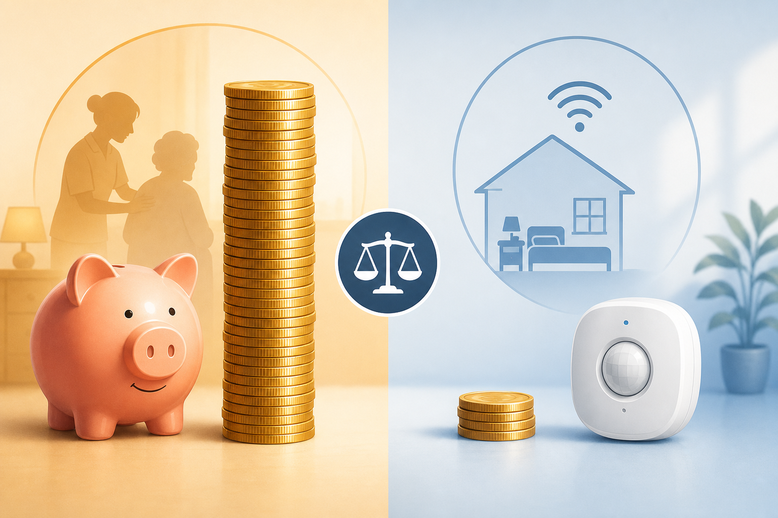 Cost comparison illustration showing a tall stack of coins representing professional overnight care beside a much shorter stack representing technology monitoring.