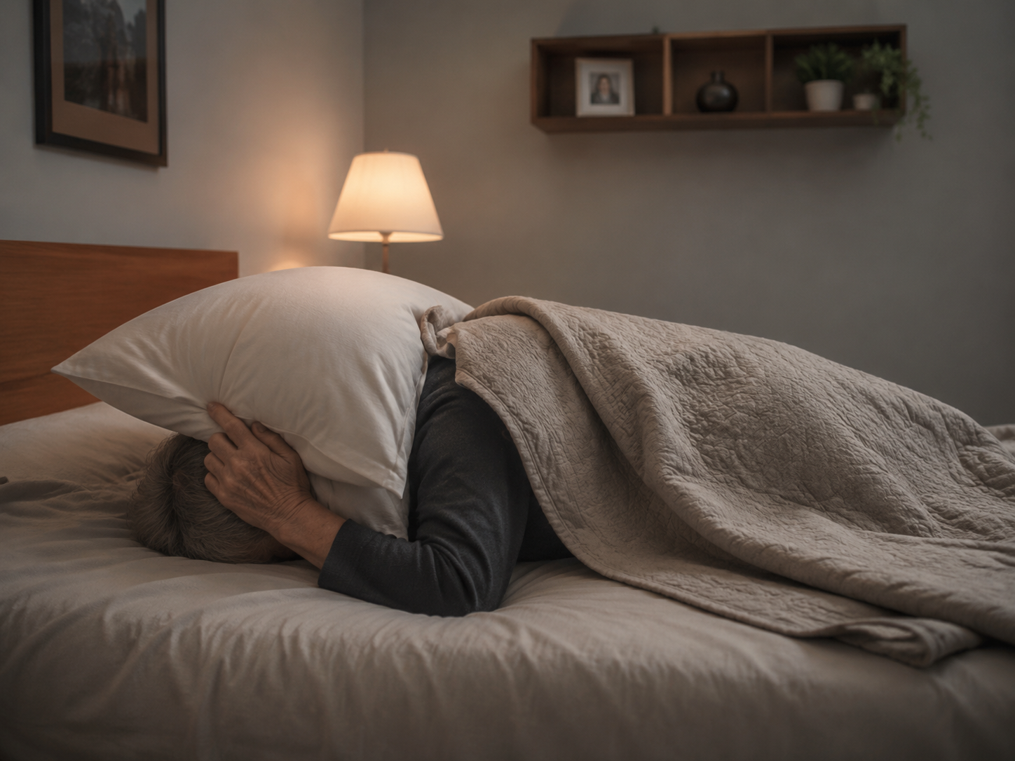 Bed-bound senior lying face-down with a pillow over the head and a blanket over the body for protection