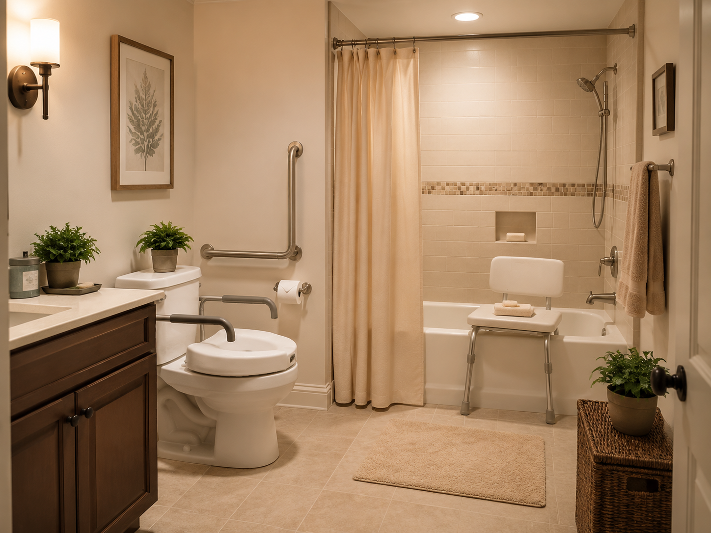 A warm residential bathroom with a grab bar, elevated toilet seat, non-slip bath mat, night lighting, clear floor, and bath bench
