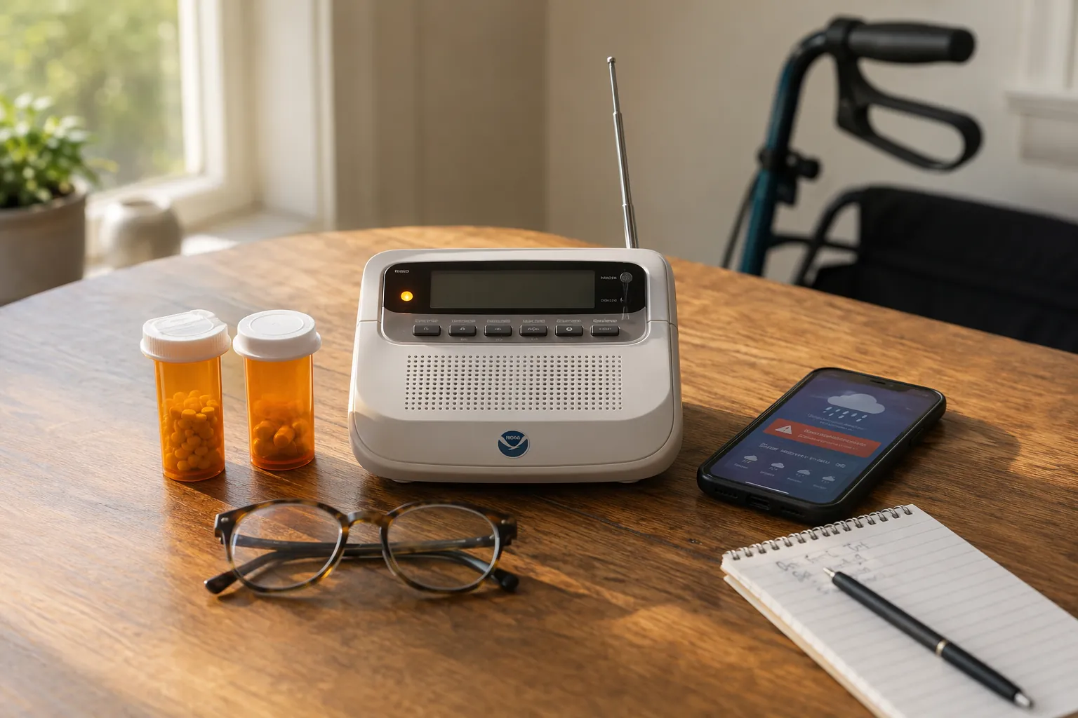 NOAA weather radio, prescription bottles, reading glasses, smartphone, notepad, and cane on a wooden table