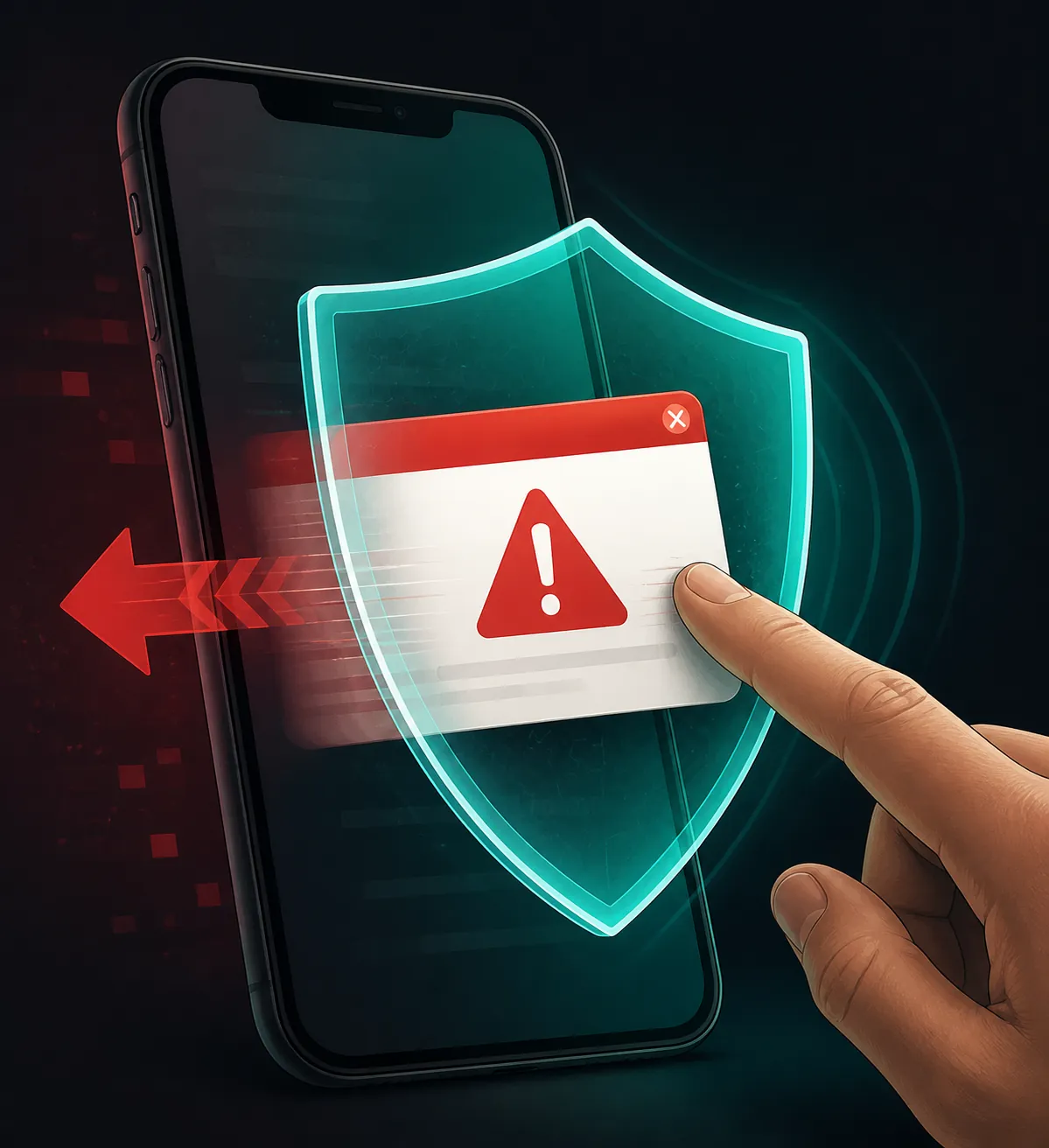 A warning-style pop-up on a smartphone blocked by a translucent shield