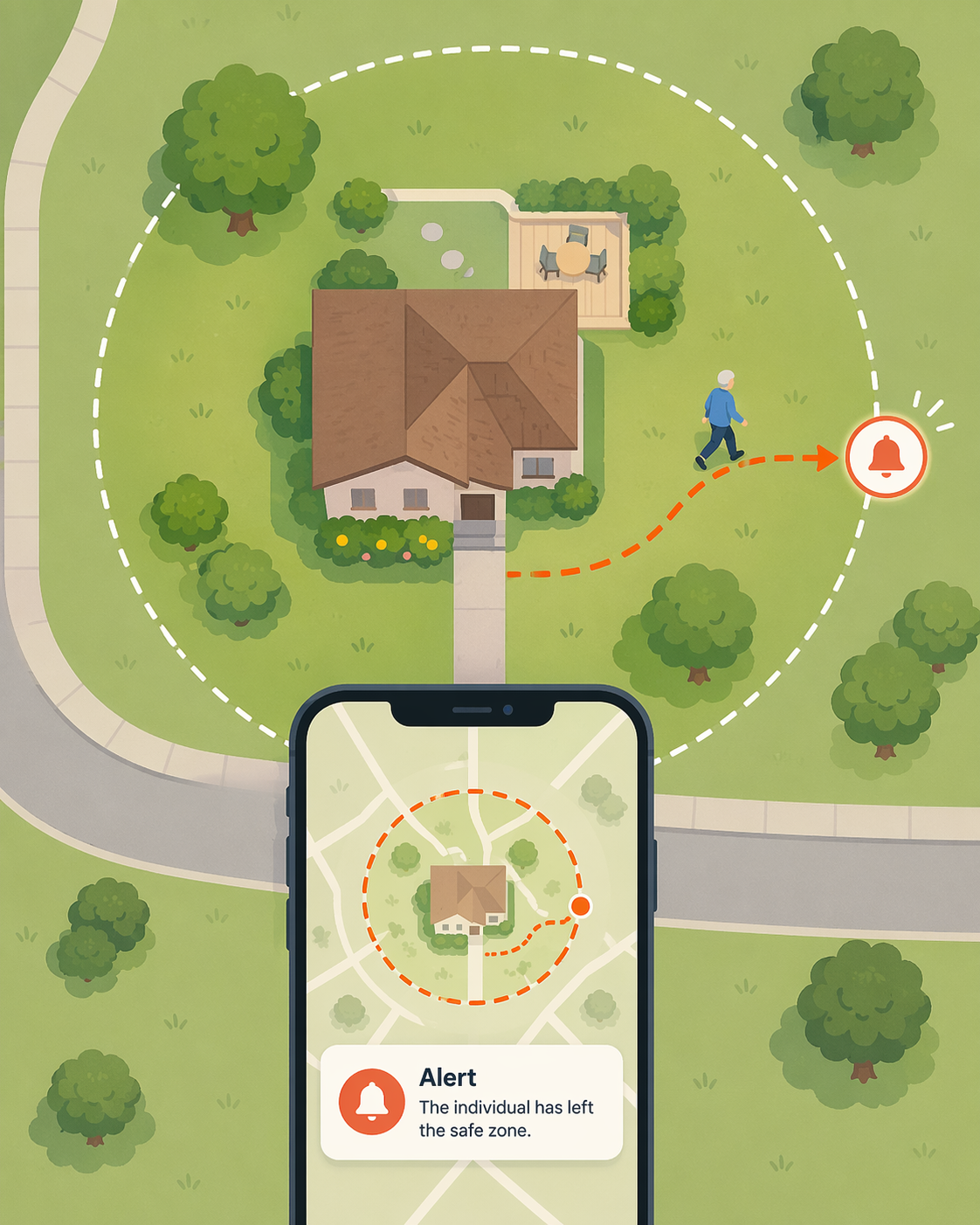 Top-down illustration of a house and yard with a dashed geofence boundary, a path leading toward the boundary with a bell alert icon, and a smartphone showing a geofence alert notification.