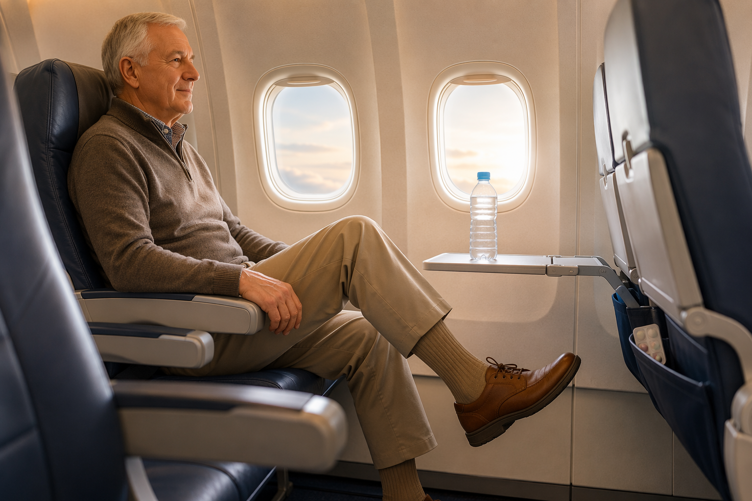 Senior airplane passenger doing a seated leg exercise with water and a pill case nearby