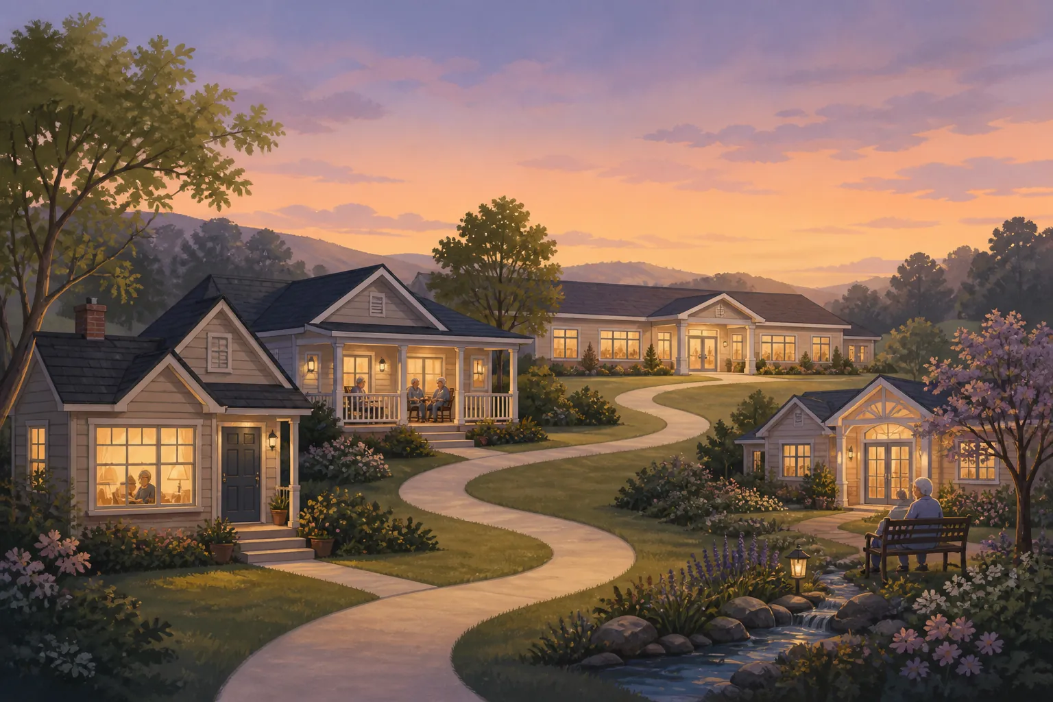 Continuum of senior care settings connected by a winding path at dusk
