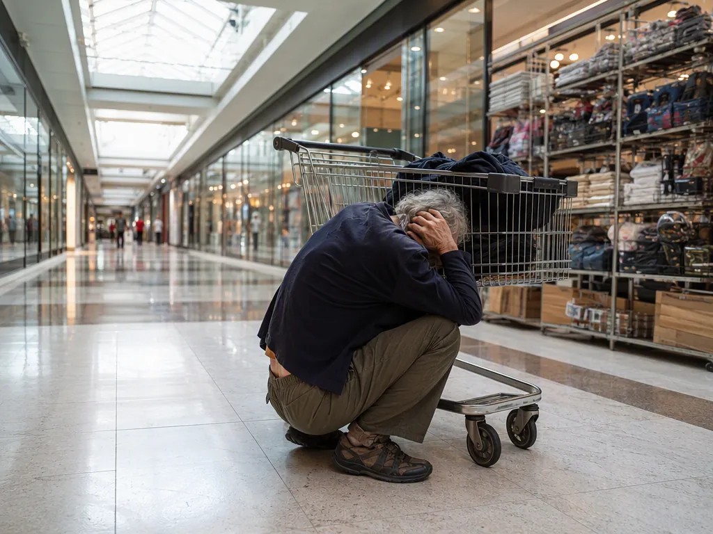 Older adult crouches beside a shopping cart in a mall corridor using it as improvised cover while shielding the head and neck