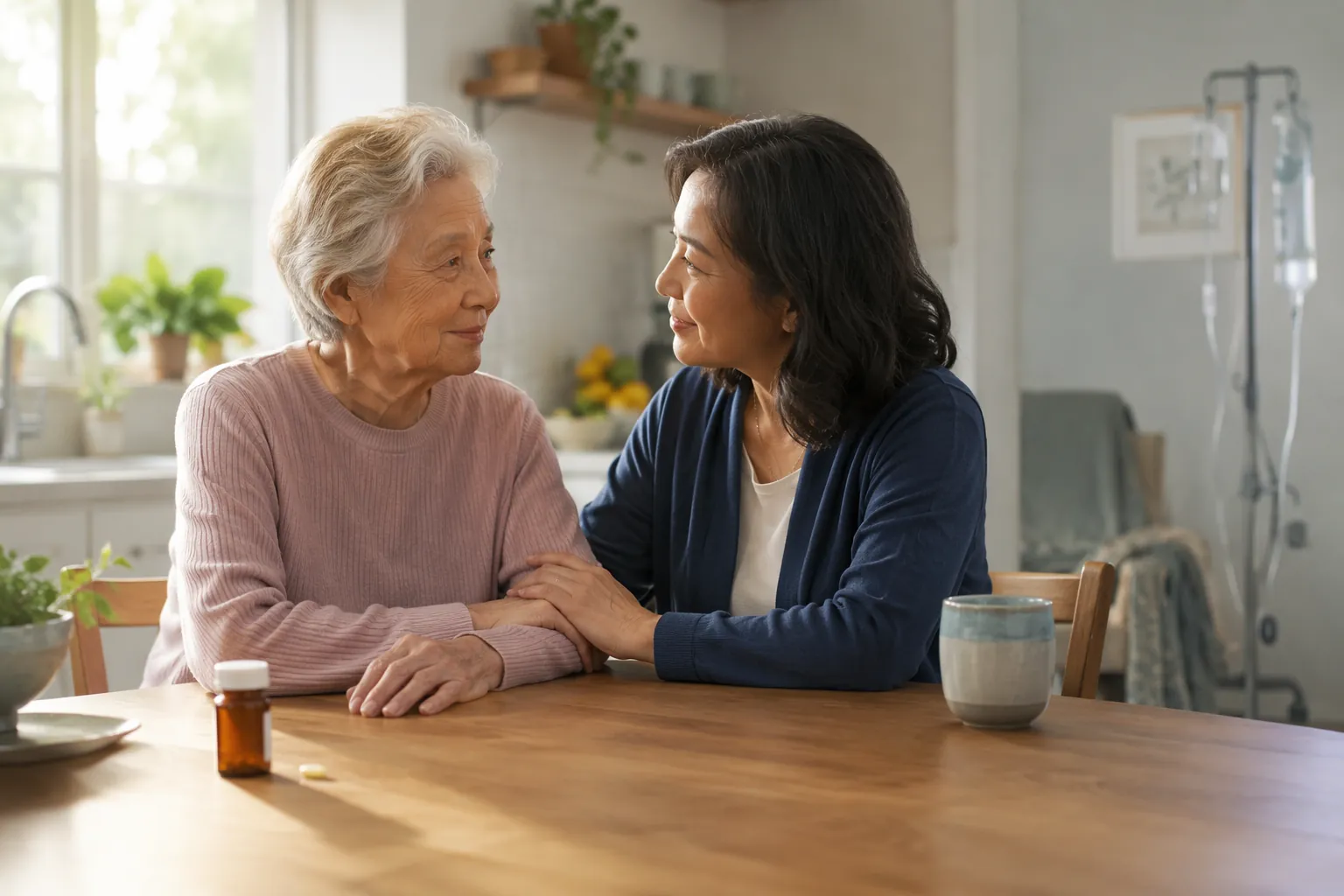 Elderly patient and family caregiver at a kitchen table with a daily pill bottle, contrasted with hospital IV equipment in the background