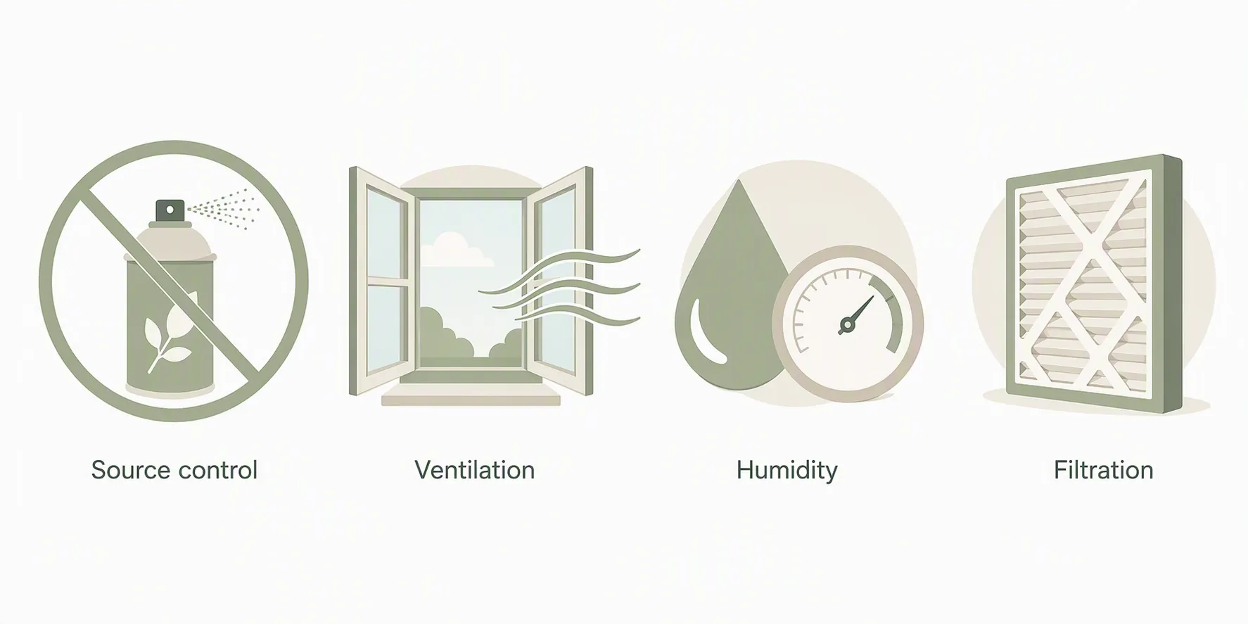 Four indoor air safety levers: source control, ventilation, humidity, and filtration