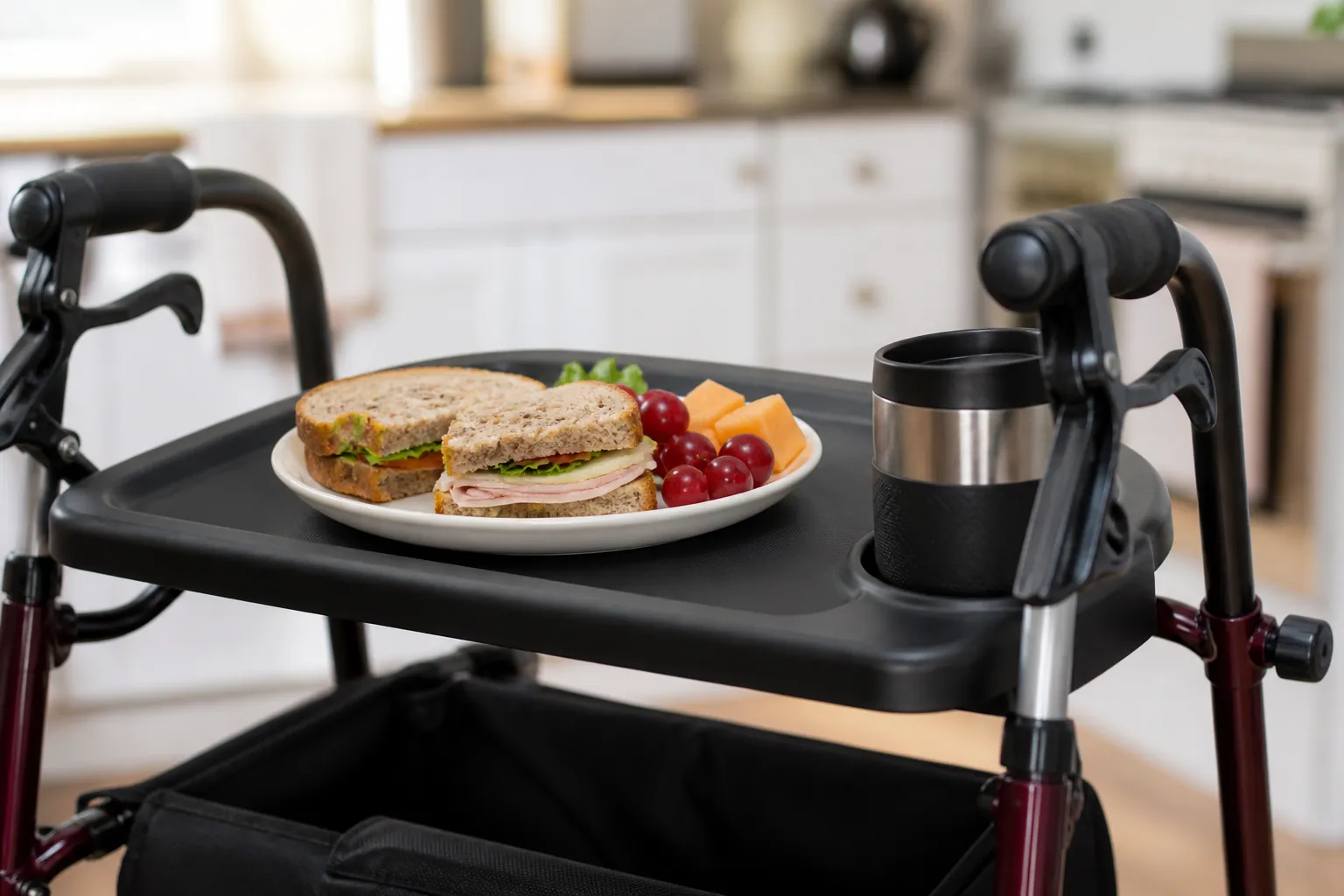 Rollator walker tray with a sandwich plate and cup holder in a home kitchen